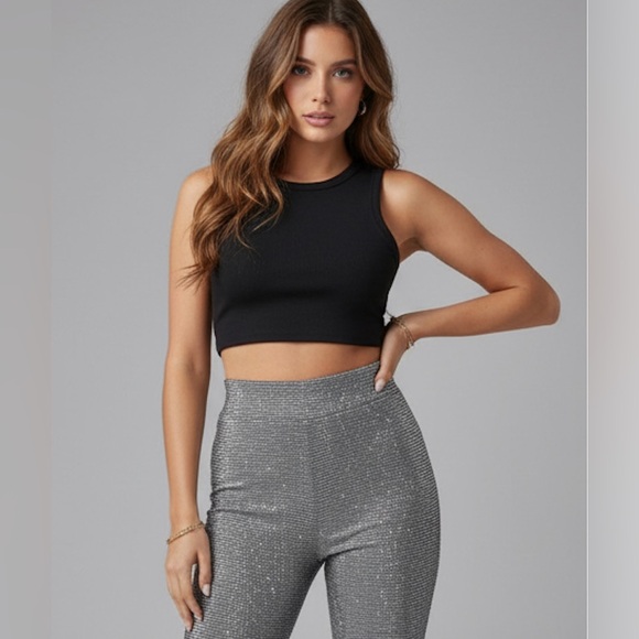 Silver High Waist Flare Leg Metallic Pants - Picture 2 of 9